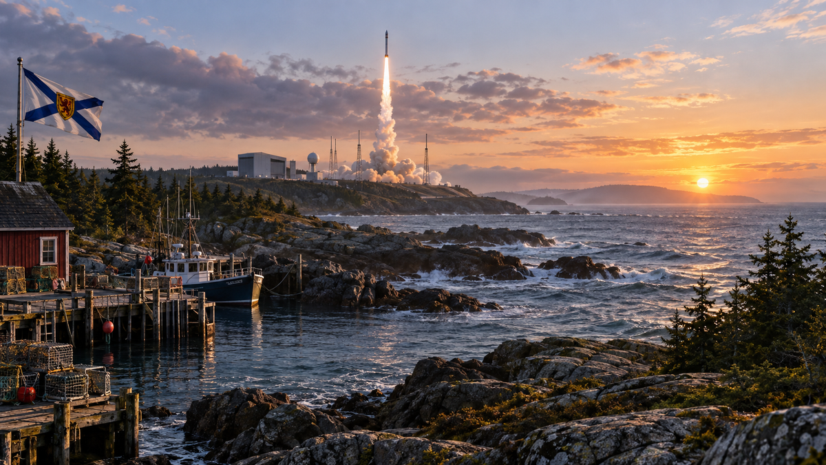 Stylized Nova Scotia coastal scene with a fishing wharf, rocky shoreline and rocket lifting from a seaside launch complex at sunrise.