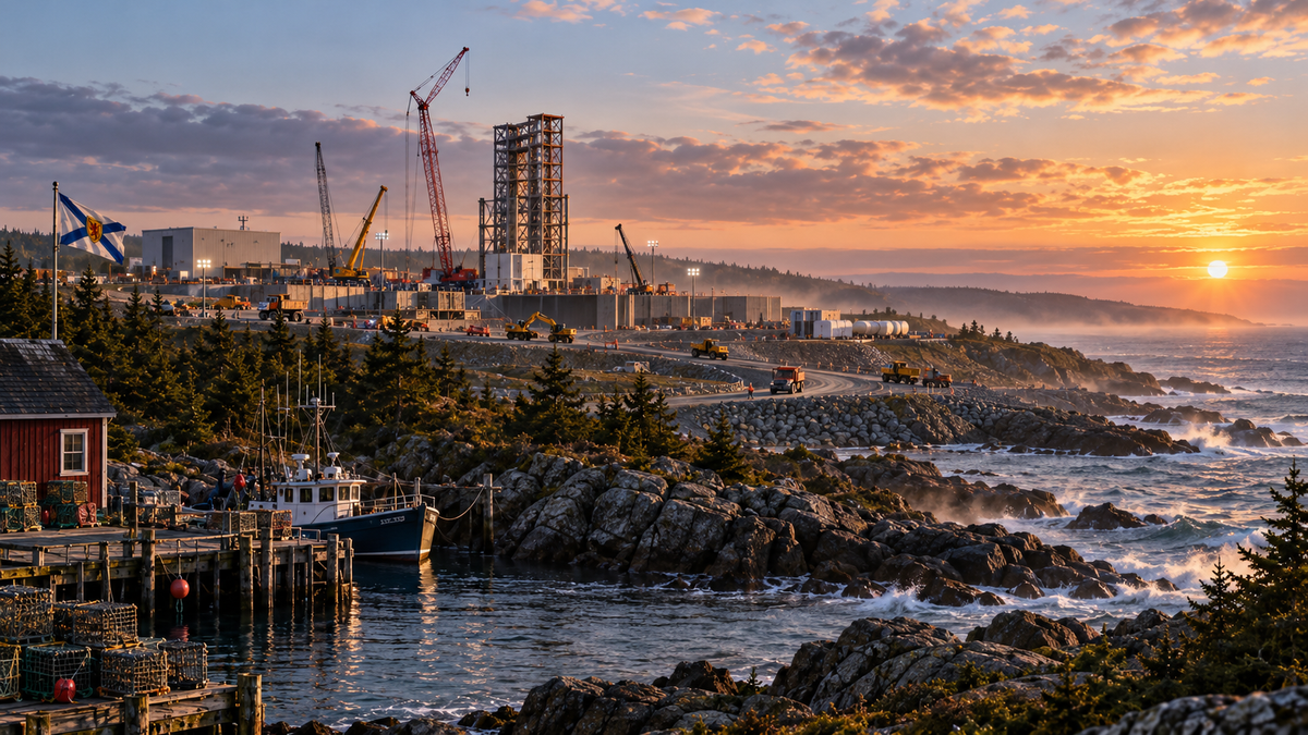 Spaceport Nova Scotia under construction, with cranes, launch infrastructure, a fishing harbour and the Nova Scotia flag.