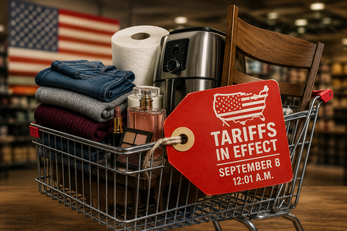Editorial illustration of U.S.-origin clothing, cosmetics, paper goods, furniture and an appliance in a shopping cart beside a September 8 tariff tag.