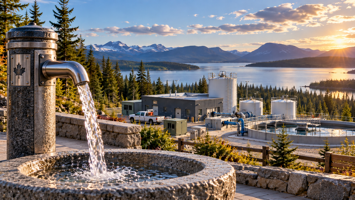 Stylized illustration of clean water flowing from an outdoor fountain above a community water-treatment facility, with a lake, forest and mountains in the background.