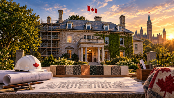 Stylized illustration of 24 Sussex Drive under renovation with a Canadian flag, construction plans, a hard hat and samples of Canadian building materials.
