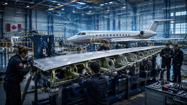 Canadian aerospace workers assemble an aircraft wing inside a Bombardier manufacturing facility, with a business jet and digital engineering schematics in the background.