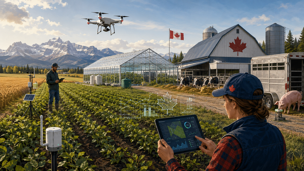 Canadian farmers use a tablet, drone and field sensors on a working farm with crops, a greenhouse, dairy cattle and livestock.