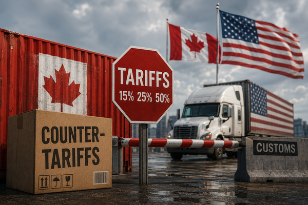 Editorial illustration of a Canada–U.S. border crossing with shipping containers, a truck, Canadian and American flags, and a tariff sign showing rates of 15, 25 and 50 per cent.