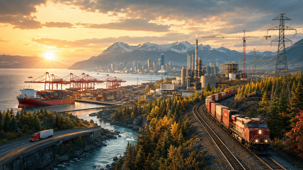 Canadian port, freight train, power lines and industry at sunset.