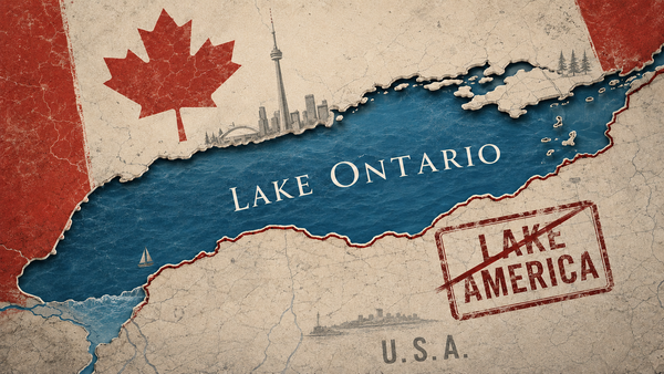 Vintage editorial map of Lake Ontario with the Toronto skyline and CN Tower on the Canadian shore, and a crossed-out “Lake America” stamp on the U.S. side.