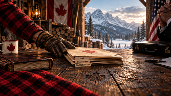 A gloved Canadian hand pushes folders labelled DST, Concessions and Market Access across a rustic negotiating table toward a suited U.S. representative, with Canadian and U.S. flags and snowy