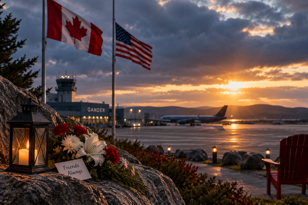 Canadian and American flags fly beside a candlelit memorial overlooking Gander airport at sunset, with flowers, runway lights and an aircraft in the distance.