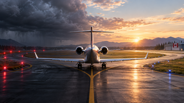 Business jet at a fork in an airport taxiway, with storm clouds to the left and sunrise over a Canadian hangar to the right.