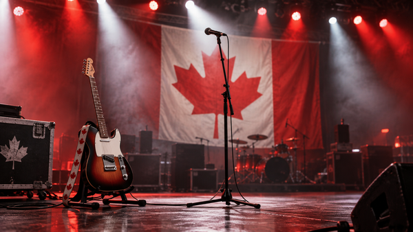 Electric guitar and microphone on a red-and-white concert stage with a Canadian flag in the background.