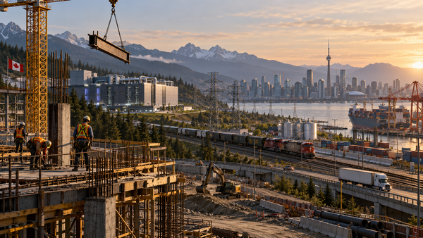 Construction workers overlook rail, power, data-centre and port infrastructure against a Canadian city skyline.