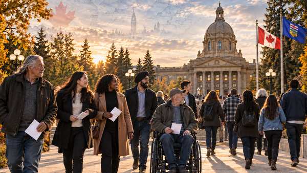 A diverse group of Canadians, including a man in a wheelchair, walks toward the Alberta Legislature in Edmonton at sunset, with Canadian and Alberta flags and faint map and Parliament imagery