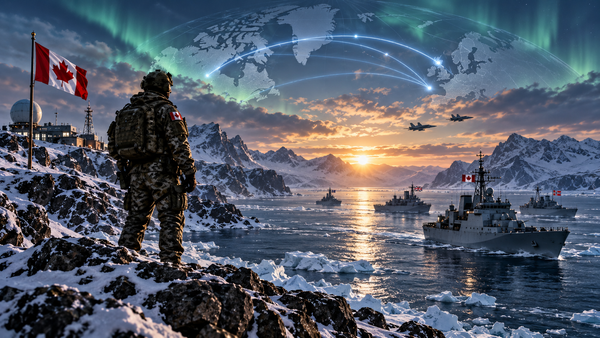 Canadian soldier overlooks allied warships beneath a map linking Canada with northern Europe.