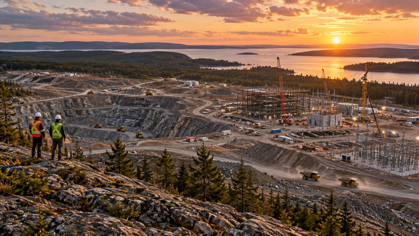 Workers overlook a critical-minerals mine site under construction with cranes, haul trucks and processing infrastructure.