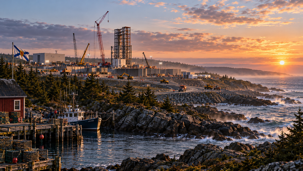 Spaceport Nova Scotia under construction, with cranes, launch infrastructure, a fishing harbour and the Nova Scotia flag.