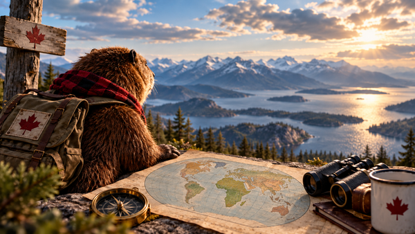 A Canadian beaver in a red-and-white scarf studies a world map on a mountain overlook at sunset, with a globe, compass and Canadian flag nearby.