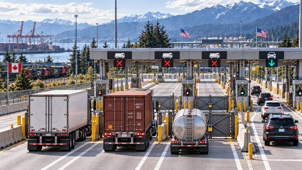 Canadian freight trucks stopped behind three padlocked U.S. border lanes marked with red Xs, while passenger vehicles continue through an open lane.