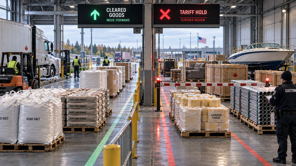 Canadian goods move through cleared and tariff-hold lanes at an inspection terminal, with salt and cement passing while other products are held.