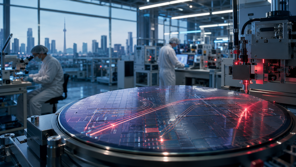 Advanced photonics manufacturing lab in Toronto with engineers, precision equipment and a photonic wafer in the foreground.