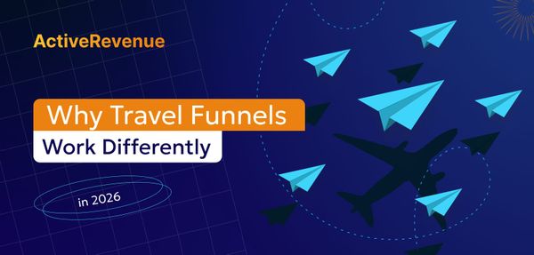 Paper airplanes flying with one casting a shadow of a real jet airplane, illustrating why travel funnels work differently in 2026
