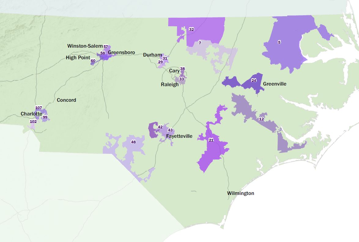 Map of NC House overturned racially gerrymandered legislative districts