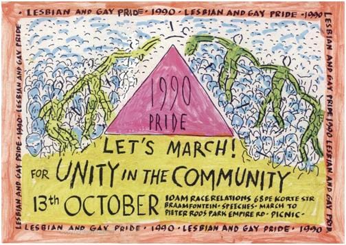 Hand-painted poster: Lesbian and Gay Pride 1990, Let’s March! For Unity in the Community, 13th October