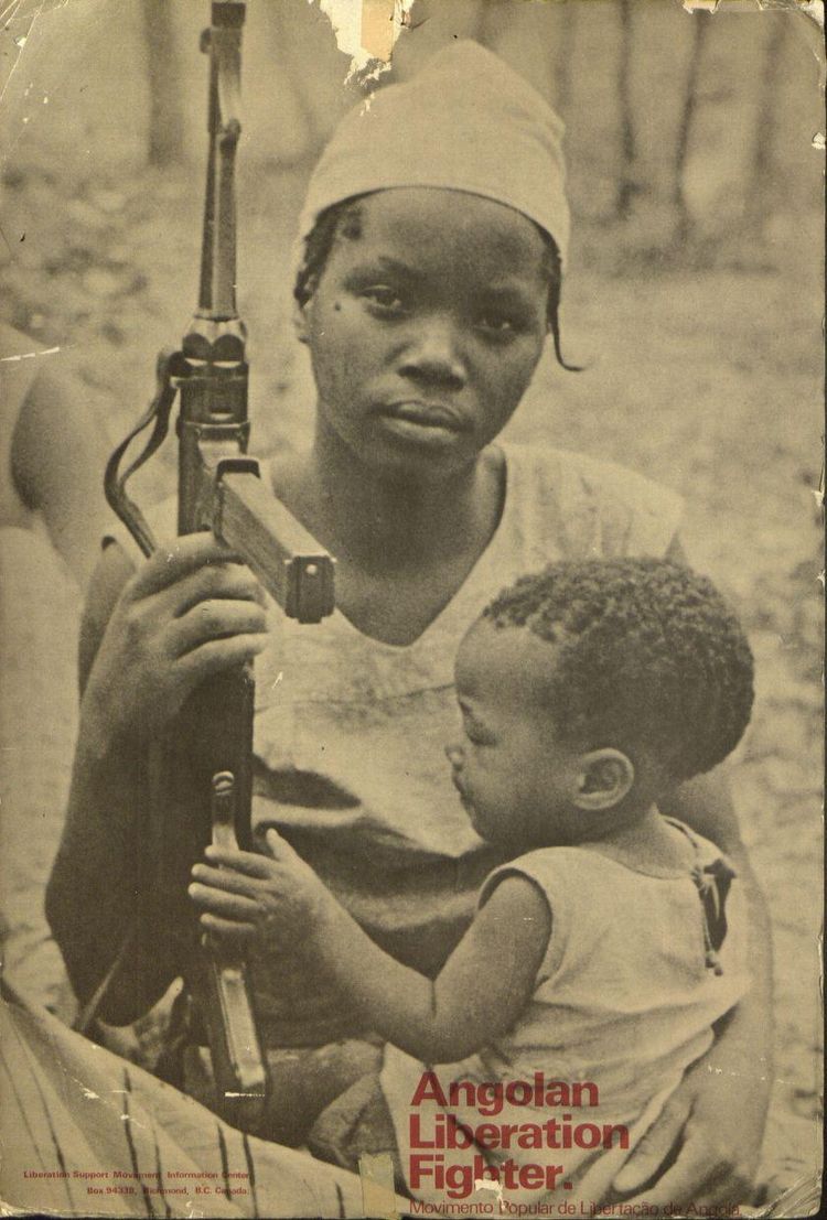 Angolan Liberation Fighter poster: a woman holding a rifle with a child on her lap