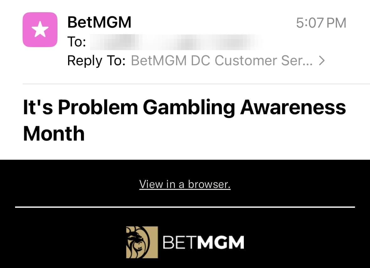 An email from MGM with the subject: It's Problem Gambling Awareness Month