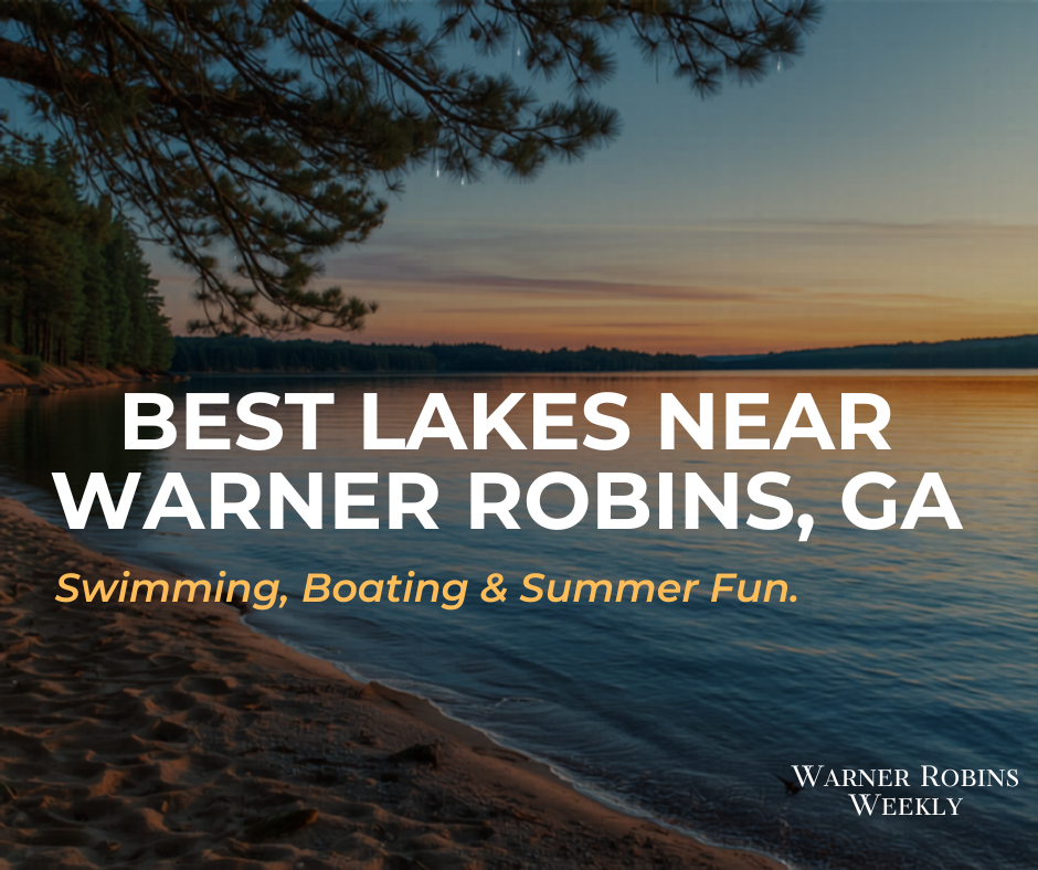 Lake at golden hour with sandy beach and pine trees — best lakes near Warner Robins, GA