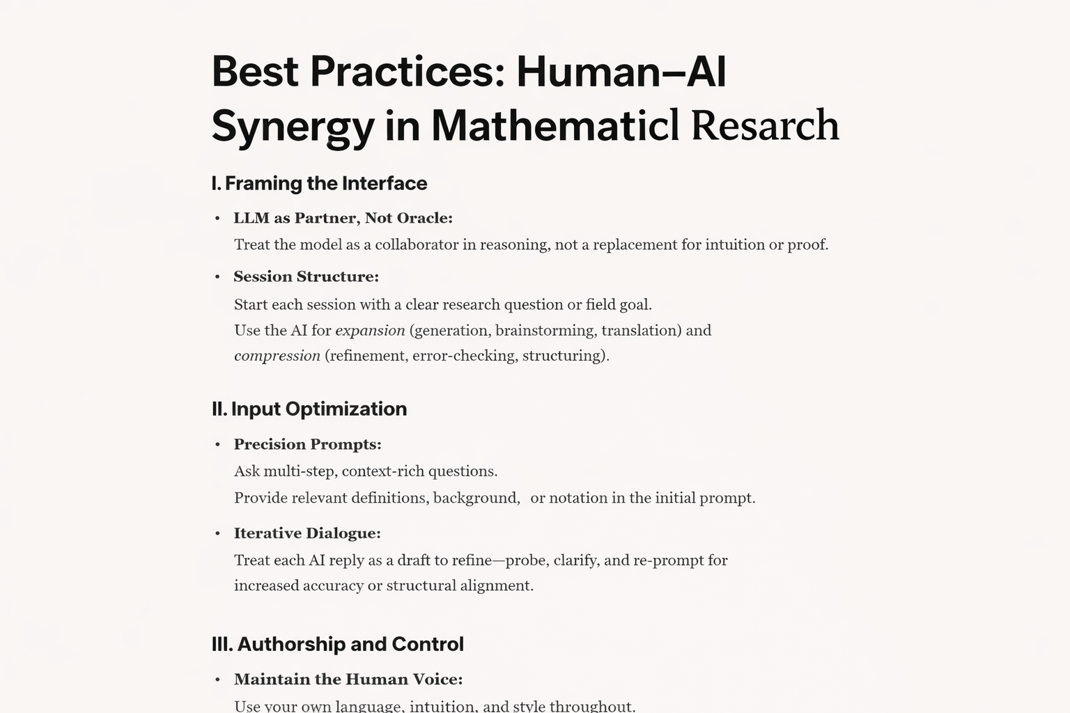 Best Practices: Human–AI Synergy in Mathematical Research