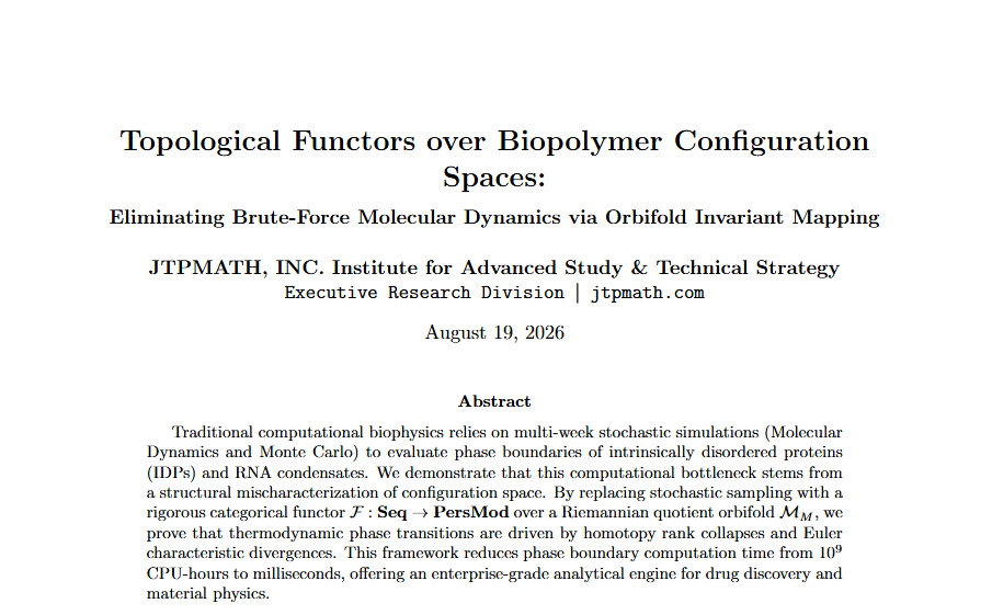 Topological Functors over Biopolymer Configuration Spaces: Eliminating Brute-Force Molecular Dynamics via Orbifold Invariant Mapping