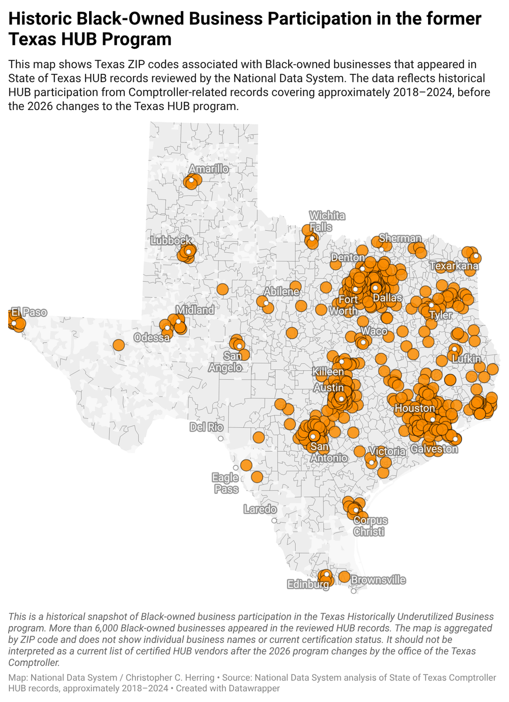 Historical map showing Black-owned business participation in the former Texas HUB Program by Texas ZIP code.