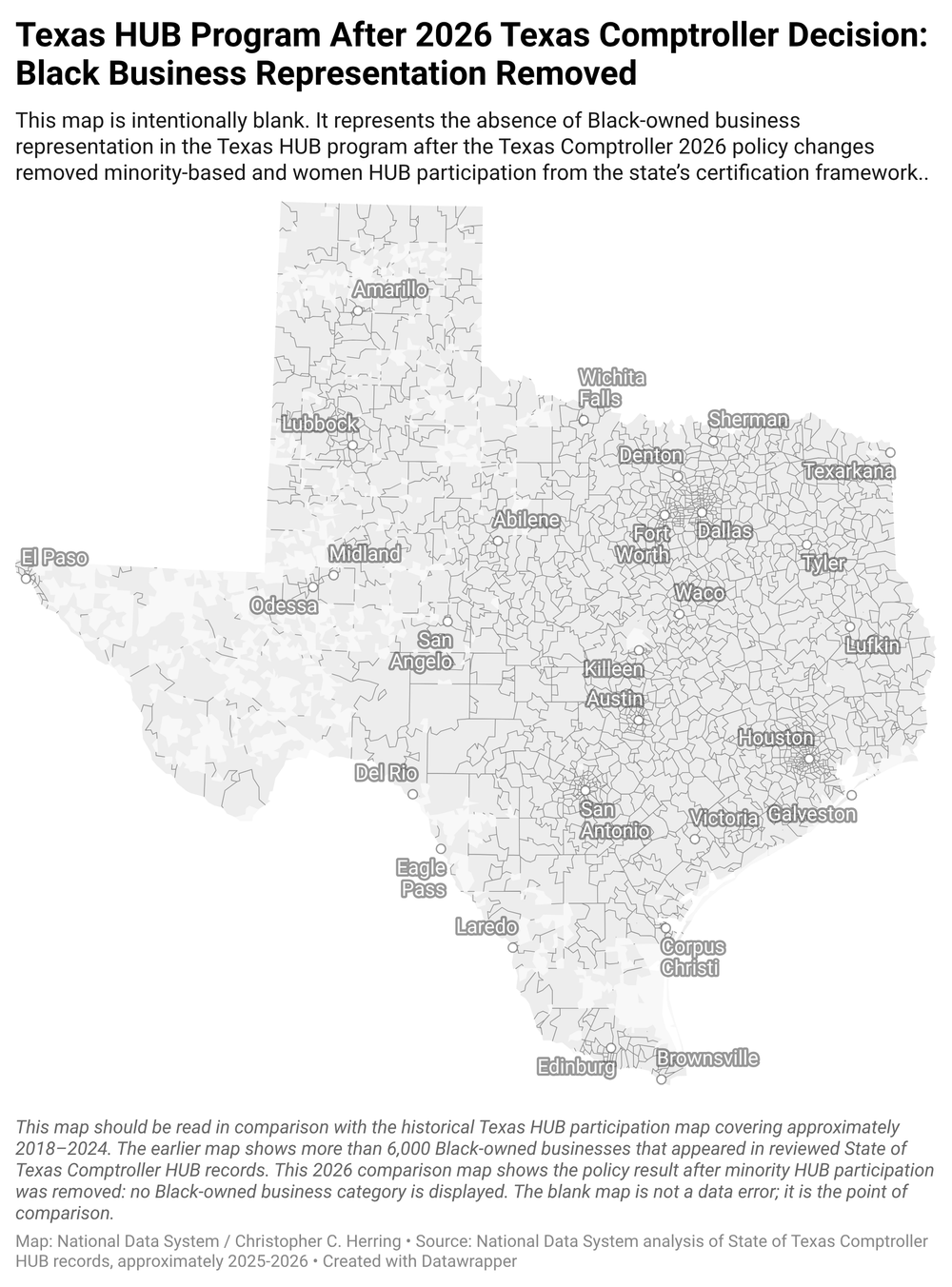 Blank Texas map representing the removal of Black-owned business representation as a displayed HUB category after the 2026 Texas HUB program changes.