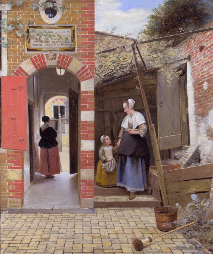 A sunlit Dutch courtyard; through an open brick archway a woman looks down a passage toward the street.
