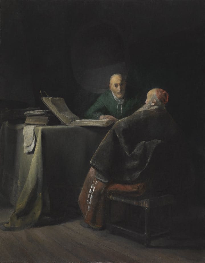 Two old men in conversation over a large open book in a dim study.