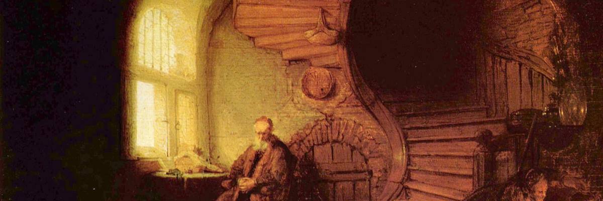Rembrandt, Philosopher in Meditation, 1632: a scholar sits by a sunlit window at the foot of a spiral stair.