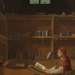 Antonello da Messina, Saint Jerome in His Study, about 1474: a scholar reading at his desk among shelves of books.