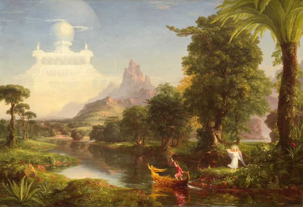 Thomas Cole's painting The Voyage of Life: Youth, a young man in a golden boat on a river heading toward a castle in the clouds, with an angel on the bank.