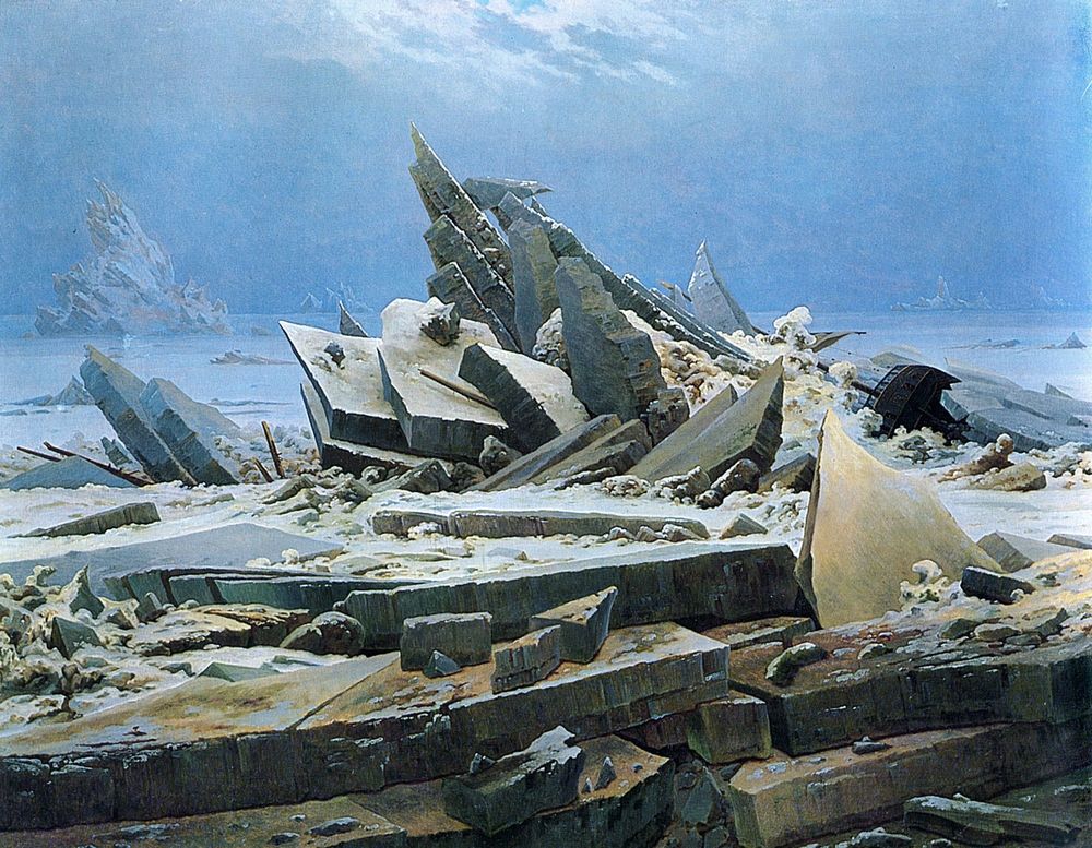 Caspar David Friedrich's painting The Sea of Ice, a ship crushed among shattered slabs of ice under a pale sky.