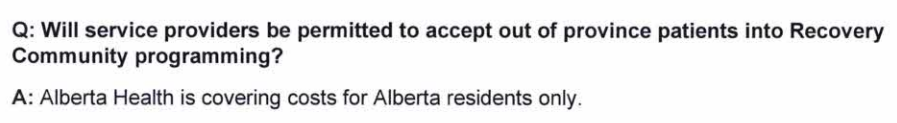 Will service providers be permitted to accept out of province patients into recovery community programming? Alberta Health is covering costs for Alberta residents only.