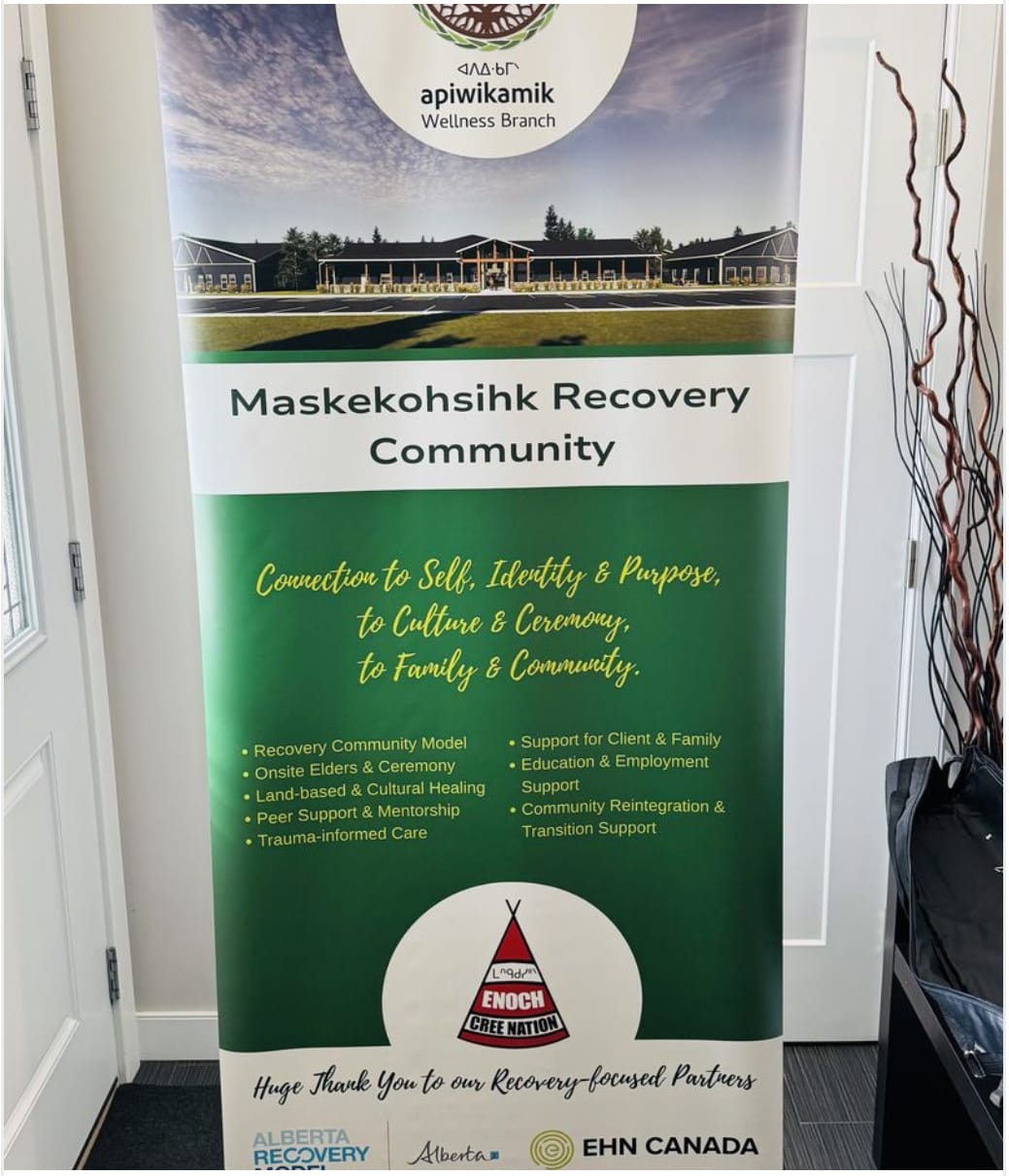 Promotional poster reading Maskekohsihk Recovery Community: Connection to self, identity and purpose, to culture and ceremony, to family and community.