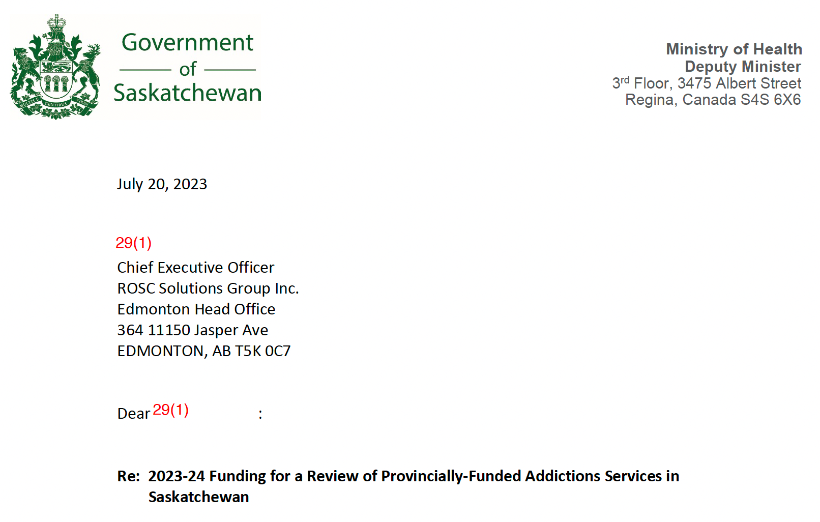 Government of Saskatchewan document dated July 20, 2023, addressed to ROSC Solutions Group. Topic is "2023-24 funding for a review of provincially funded addictions services in Saskatchewan"