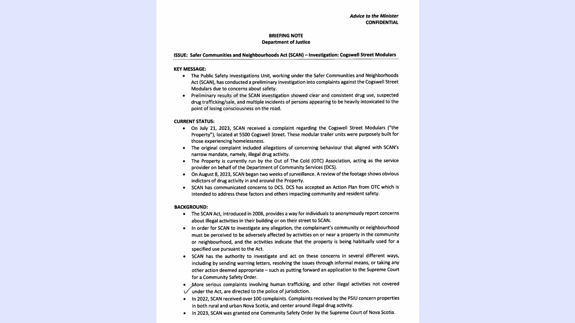 Briefing note about drug use at the Out of the Cold shelter, making no mention of human trafficking despite the public allegations published by Saltwire.