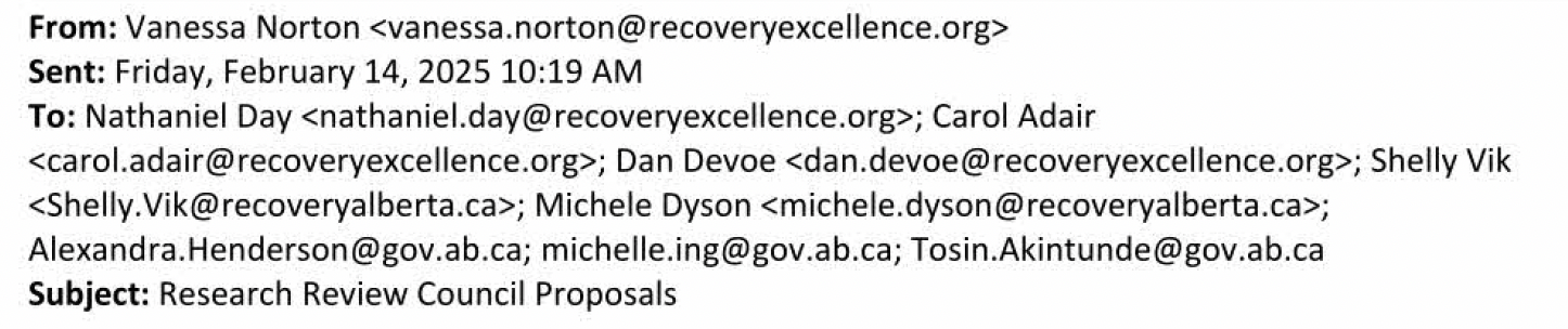 Email from Vanessa Norton, Friday February 14, 2025. To Nathaniel Day, Carol Adair, Dan Devoe, Shelly Vik, Michele Dyson, Alexandra Henderson, Michelle Ing, and Tosin Akintunde. Subject line is Research Review Council Proposals.
