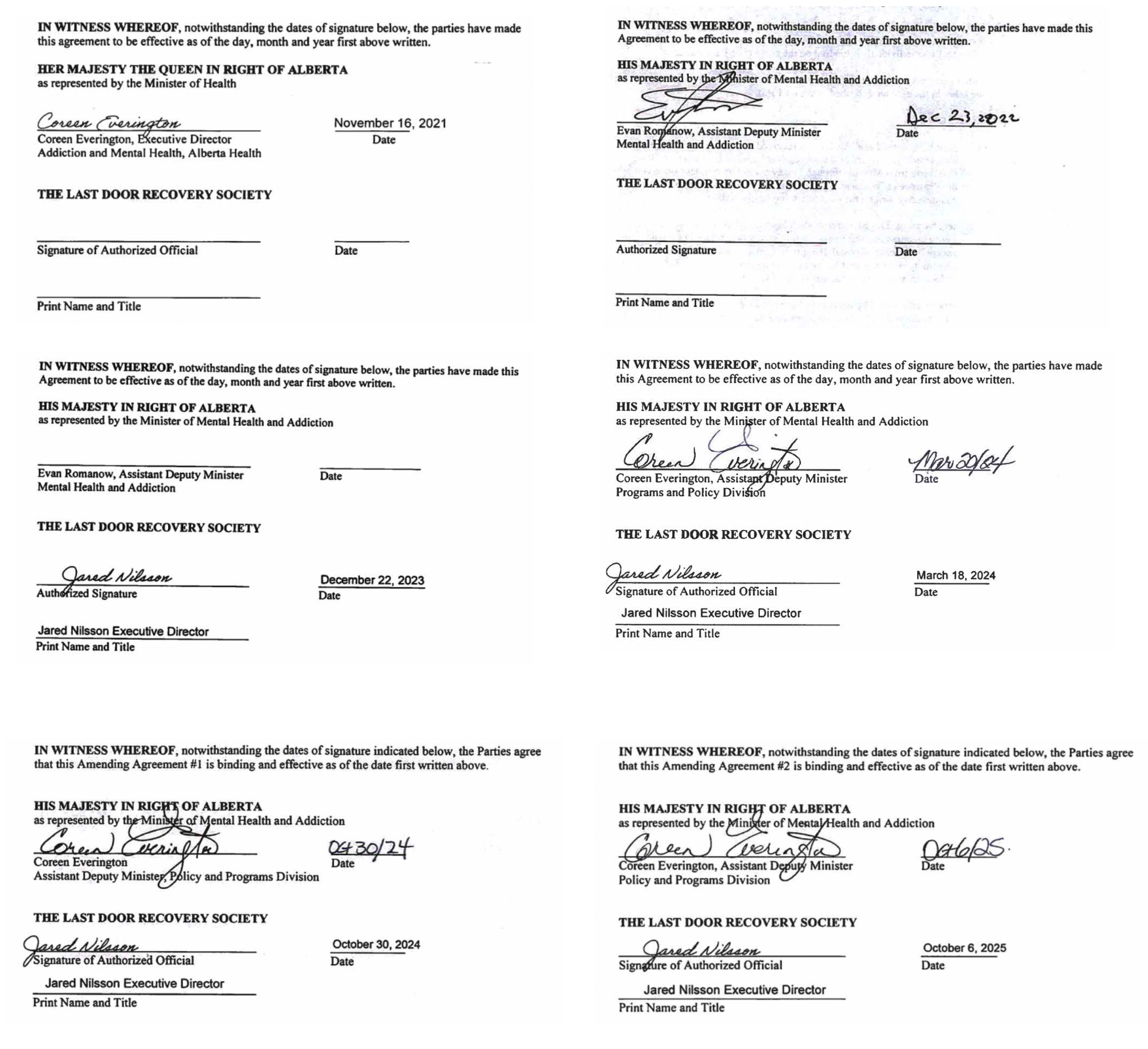 screenshots of grants and their agreements to Last Door Recovery Society from 2021 to 2025. The agreements are signed by Deputy Ministers Coreen Everington and Evan Romanow for the Alberta government, as well as Ministers Jason Copping, Dan Williams and Rick Wilson, and Jared Nilsson for Last Door. 