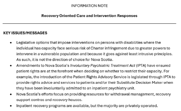 Recovery Oriented Care and Intervention Responses information note, discussing Alberta's Compassionate Intervention Act in thinly veiled language. 