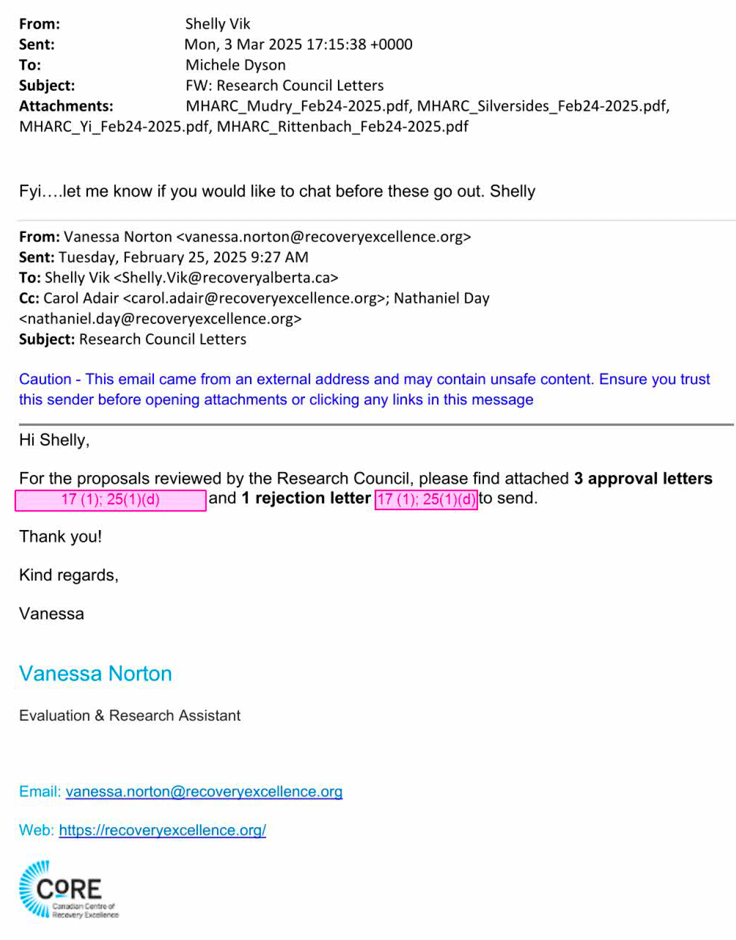 Email from Shelly Vik to Michele Dyson, asking if Michele wants to "chat" before the notices go out about approvals. Another email in the thread shows the names of the four applicants listed in the body text.