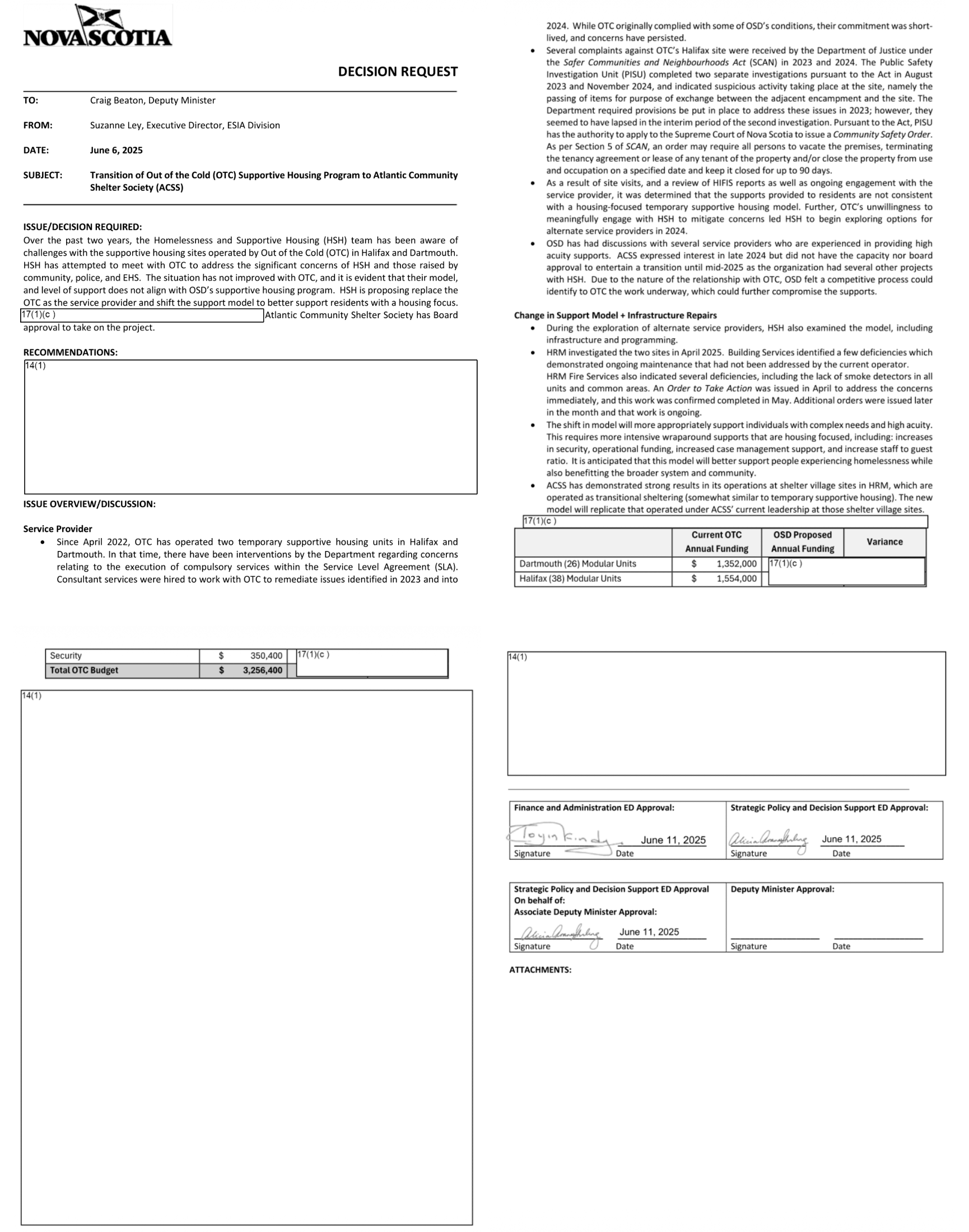 Decision request to the Deputy Minister shows the DOSD's stated rationale for removing Out of the Cold and for not pursuing a competitive bidding process for the contracts. 