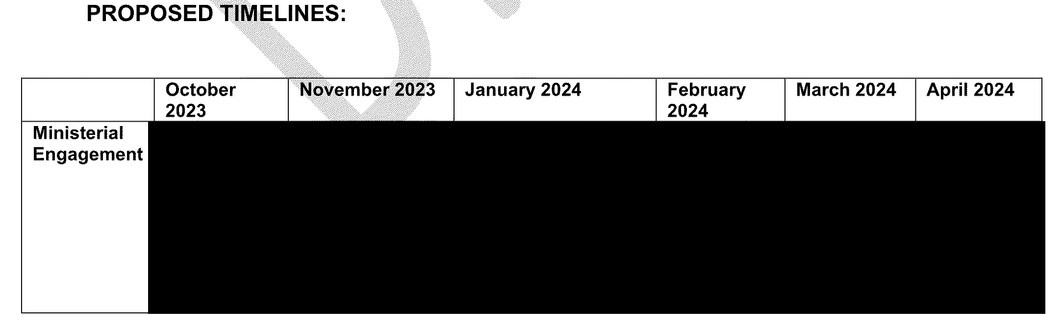 Fully redacted schedule from October 2023 to April 2024.