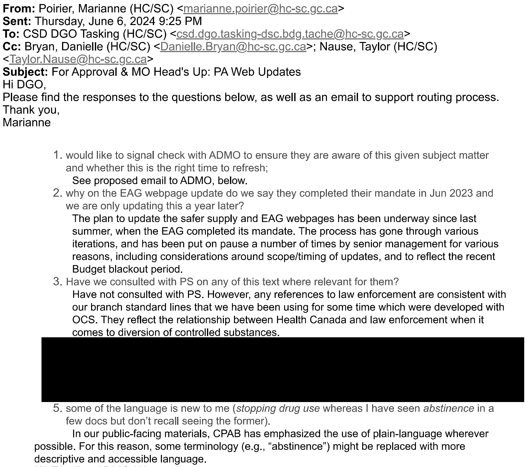 Email discussing questions including why EAG reports hadn't been posted yet, and whether public safety had been consulted on the text to be posted online.